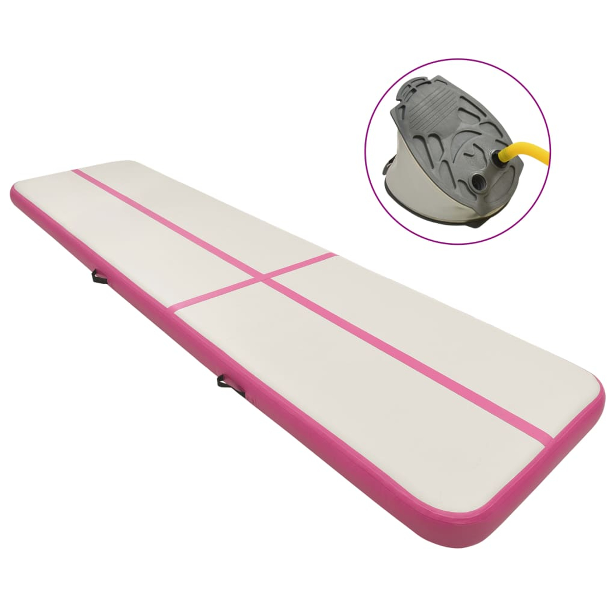Eine aufblasbare, rosa und weiße Luftbahn mit einer Handpumpe in der oberen rechten Ecke.