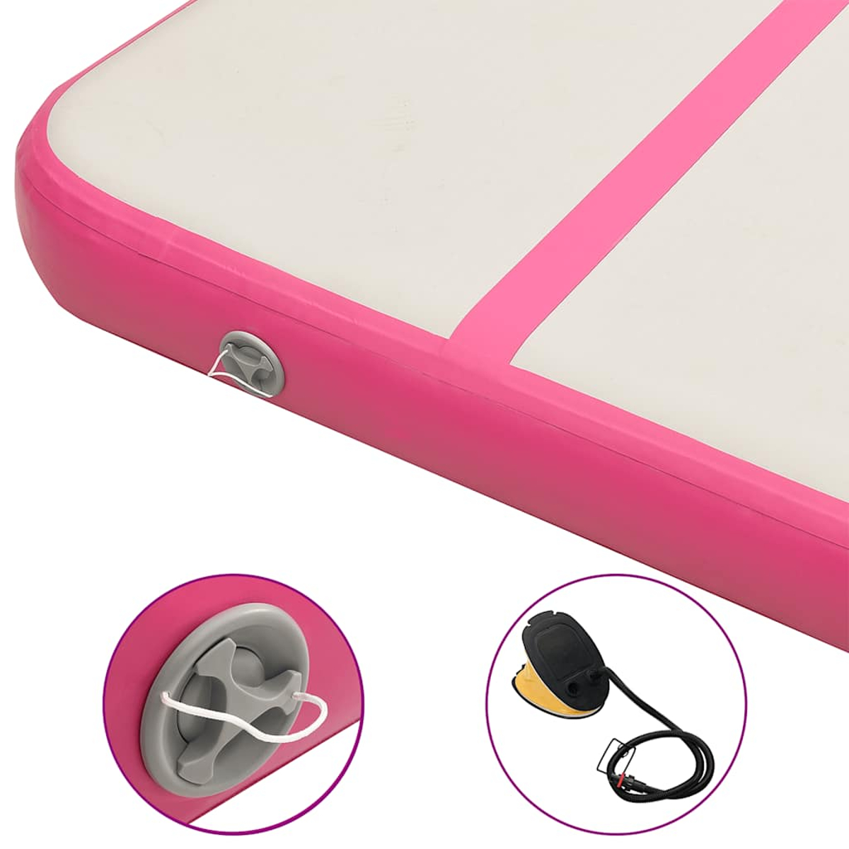 Nahaufnahme einer pink-weißen aufblasbaren Matte mit Ventil und Pumpe. Die Matte hat pinke Streifen und ein graues Ventil.