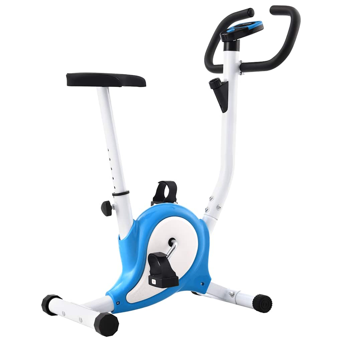 Ein Heimtrainer mit blau-weißem Rahmen, schwarzem Sitz und Lenker. Das Fahrrad steht auf weißem Hintergrund.