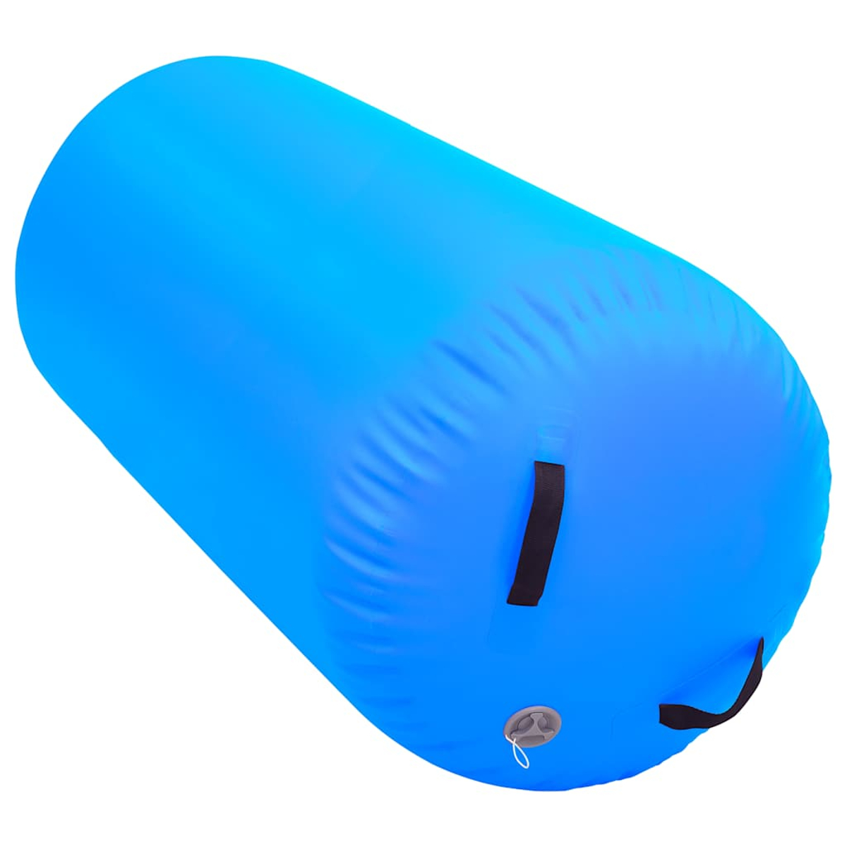 Ein großer, blauer aufblasbarer Zylinder. Er hat schwarze Griffe und ein Ventil. Der Hintergrund ist schlicht weiß.