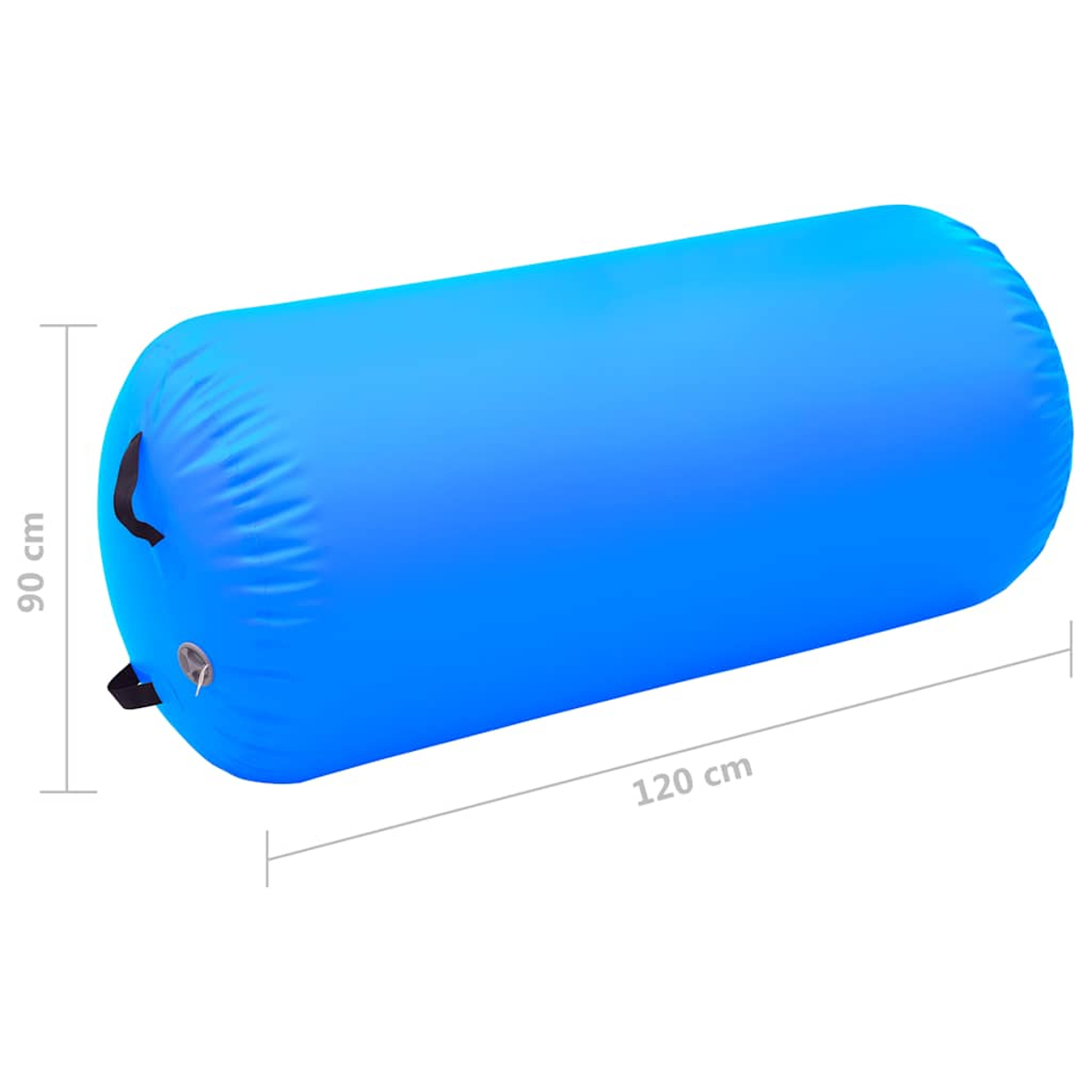 Ein blaues zylindrisches aufblasbares Objekt, 120 cm lang und 90 cm breit. Es hat schwarze Griffe und ein Ventil. Weißer Hintergrund.