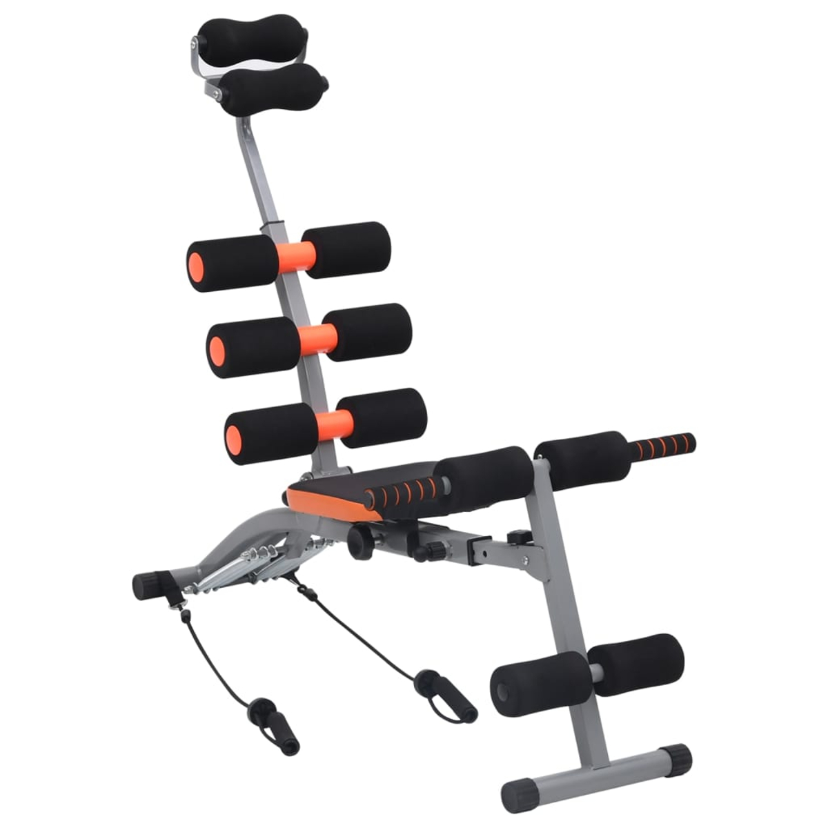 Eine Bauchmuskeltrainingsmaschine. Sie hat schwarze Schaumstoffrollen und -polster, orangefarbene Akzente und ein graues Metallgestell.