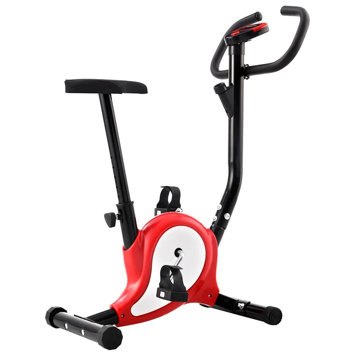 Ein Heimtrainer mit rotem und weißem Rahmen, schwarzem Sitz, Pedalen und Lenker. Er ist vor weißem Hintergrund isoliert.