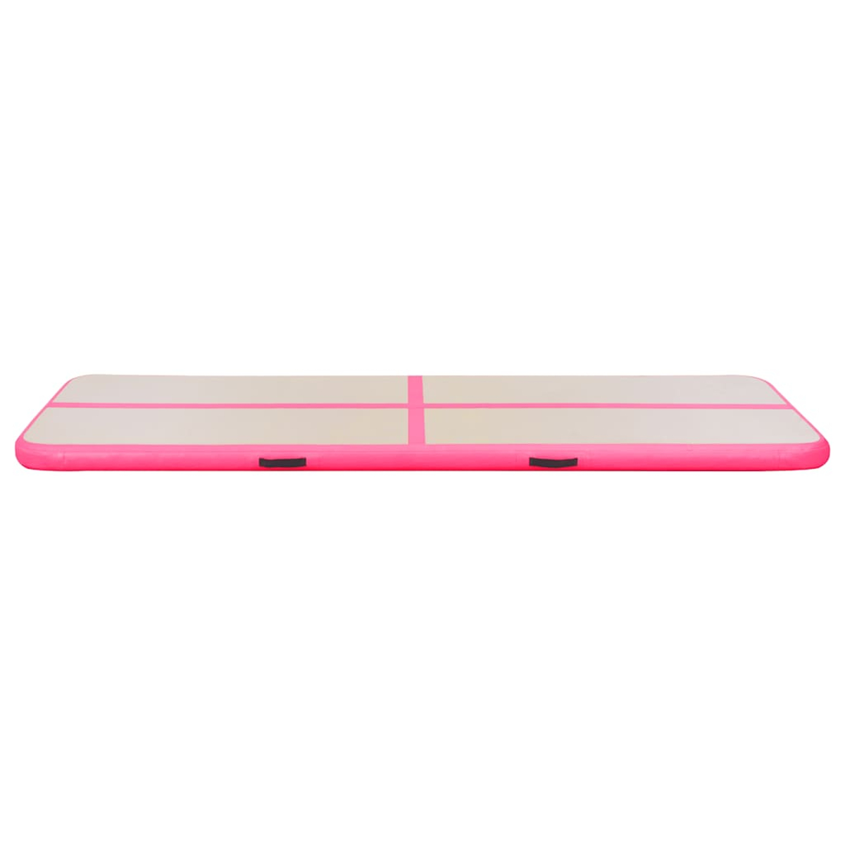 Eine rechteckige, aufblasbare Luftmatratze in Rosa und Beige liegt horizontal. Sie hat schwarze Griffe und Linien, die die Oberfläche teilen.