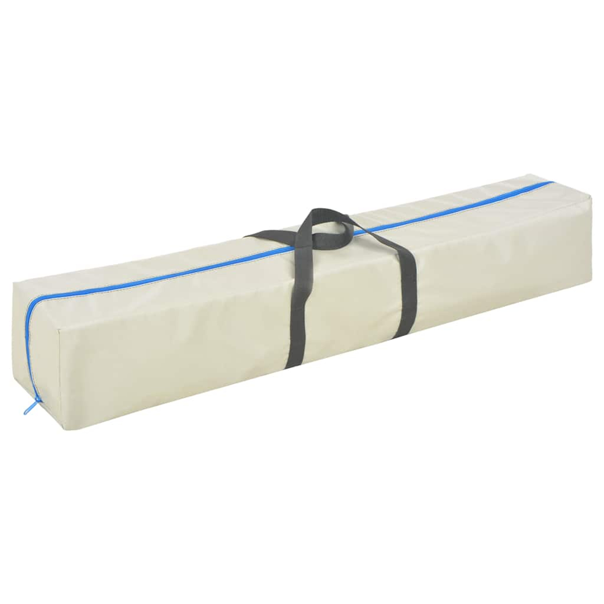 Eine beige, rechteckige Tasche mit blauem Reißverschluss und Zierleiste sowie schwarzen Griffen befindet sich auf weißem Hintergrund.