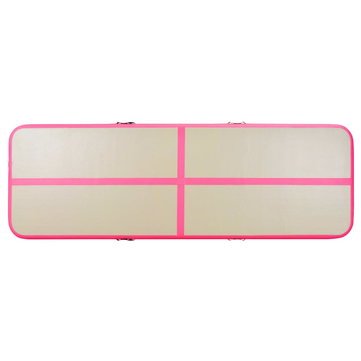 Eine rechteckige, beige aufblasbare Matte mit rosa Rändern und Kreuzlinien. Sie befindet sich auf weißem Hintergrund. Die Matte ist für Gymnastik.