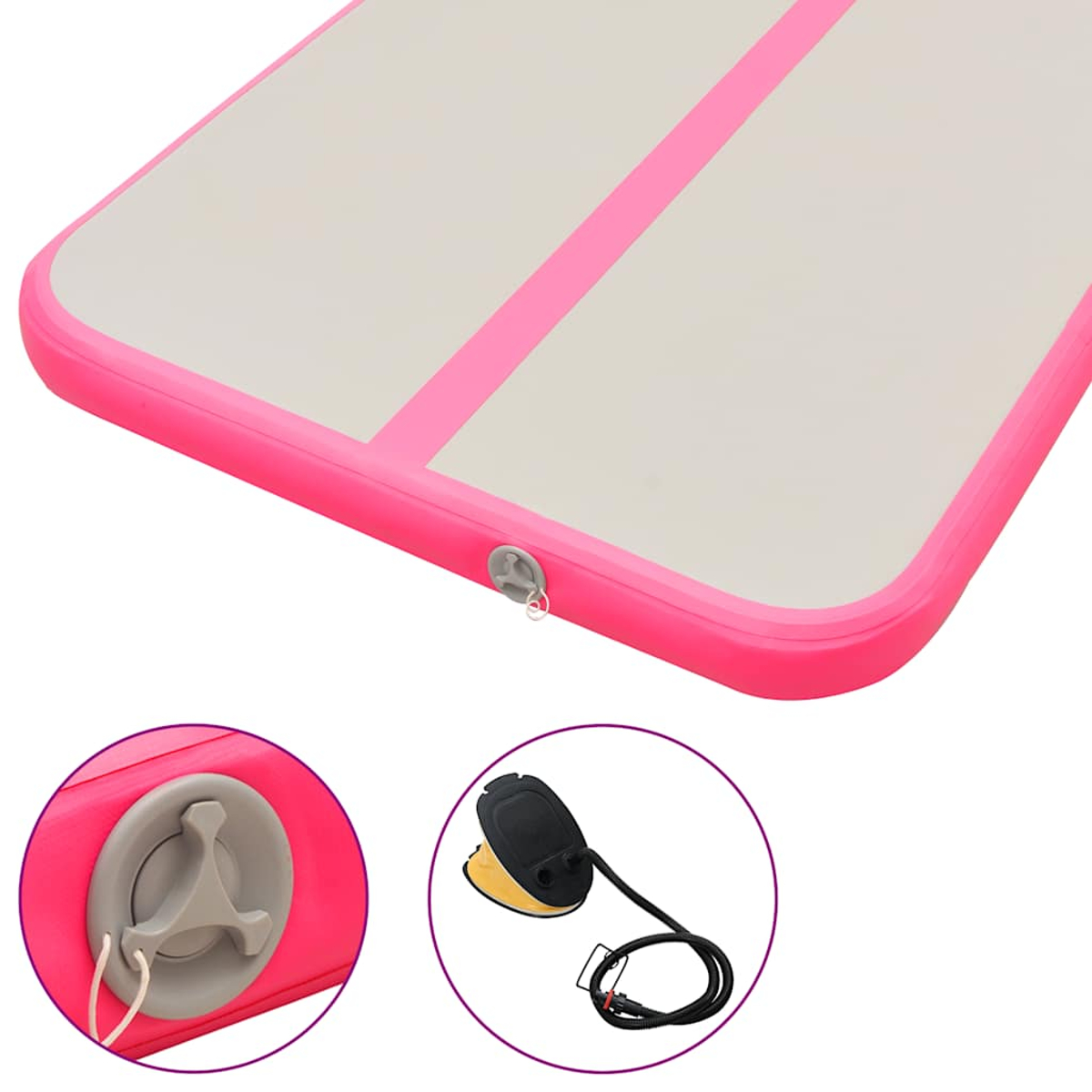 Pinke aufblasbare Luftmatratze mit weißer Oberseite und pinken Streifen. Enthält eine Pumpe und ein Ventildetail.