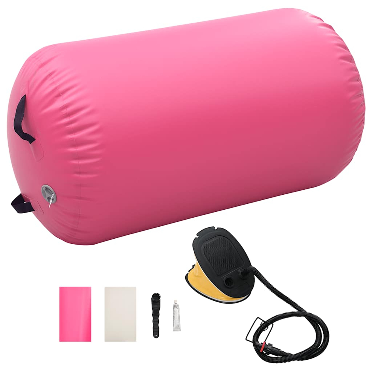 Un cilindro inflable rosa con accesorios: una bomba, parches y herramientas. El cilindro tiene asas y una válvula.