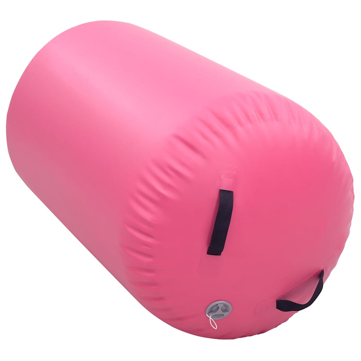 Un tapete inflable cilíndrico rosa con asas negras y una válvula, sobre un fondo blanco.