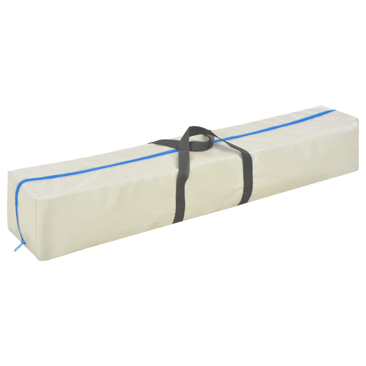 Eine beige rechteckige Tasche mit blauem Reißverschluss und Besatz, schwarzen Griffen und weißem Hintergrund.