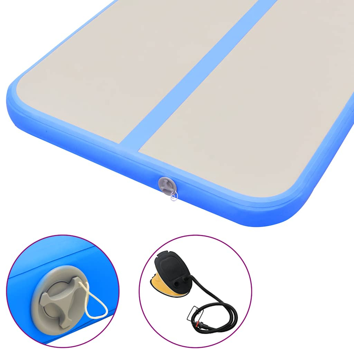 Eine aufblasbare blaue und beige Matte. Nahaufnahme zeigt das Luftventil und ein separates Bild zeigt eine Fußpumpe.