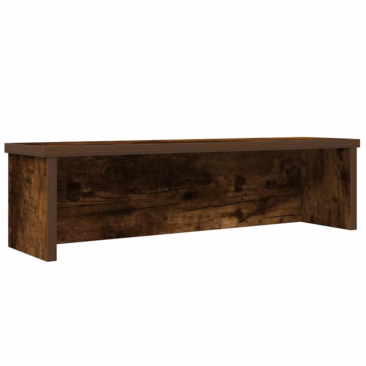Ein dunkelbraunes Holzregal vor weißem Hintergrund. Das Regal hat eine rechteckige Form und sichtbare Holzmaserung.