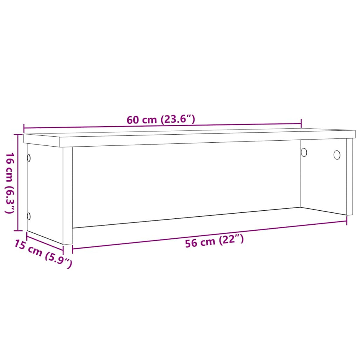 Ein weißes Wandregal mit den angegebenen Abmessungen: 60 cm (23,6") lang, 16 cm (6,3") hoch und 56 cm (22") breit.