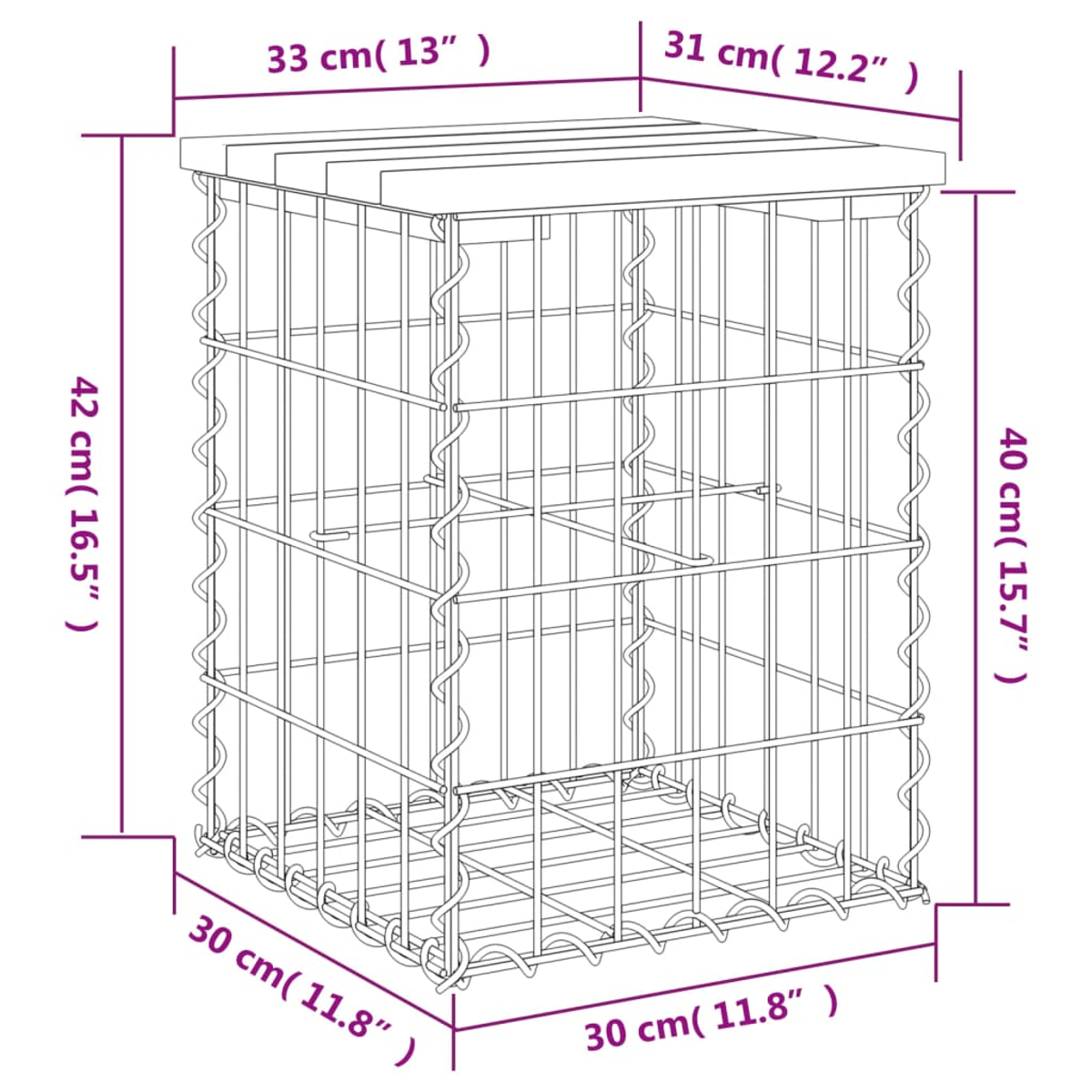 Ein Drahtkäfig mit Holzplatte. Die Abmessungen sind beschriftet: 33x31x42x30x40x30 cm.