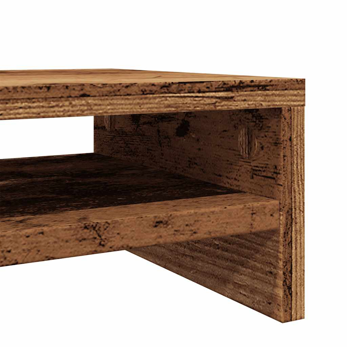 Nahaufnahme eines Holzregals mit zwei Ebenen. Das Holz hat eine Used-Optik und ist braun. Weißer Hintergrund.