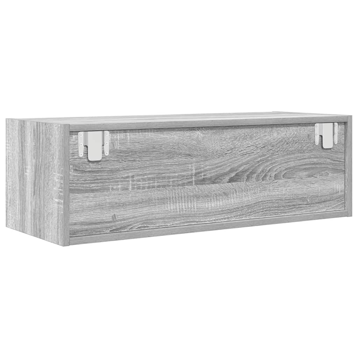 Ein grauer Holzschrank mit sichtbarer Holzmaserung. Zwei weiße Metallhalterungen befinden sich an der Seite. Der Hintergrund ist weiß.