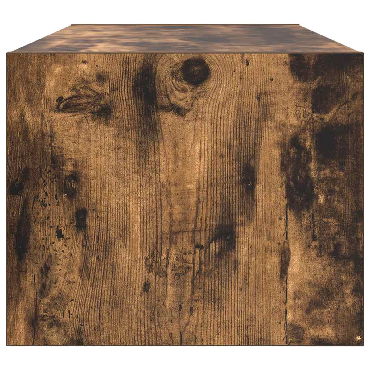 Ein Holzblock mit sichtbarer Holzmaserung, Knoten und einer dunkelbraunen Farbe. Die Oberseite scheint leicht reflektierend zu sein.