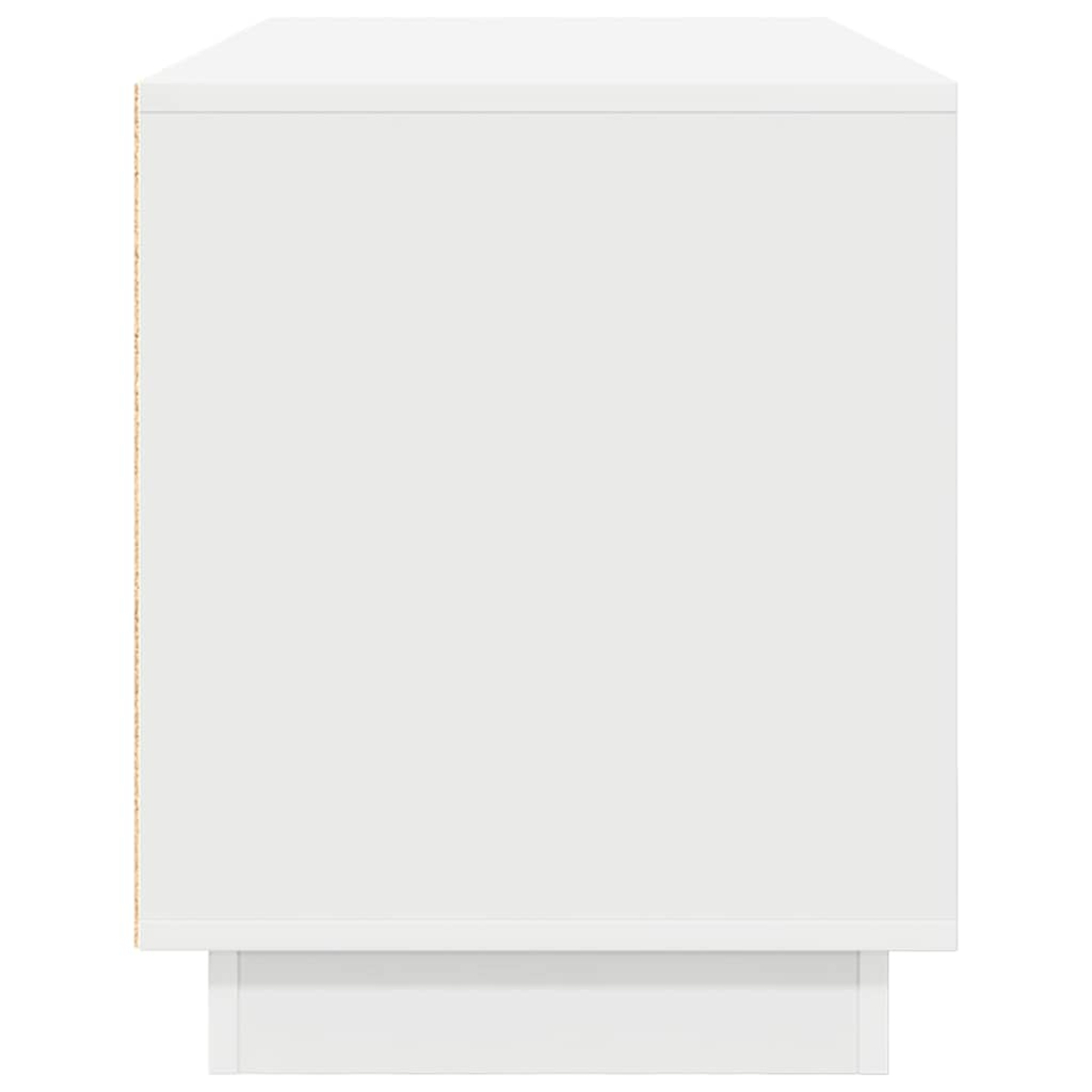 Ein weißer Schrank mit rechteckiger Form wird von der Seite betrachtet. Die Seitenwand hat eine Holzmaserung, und der Schrank steht auf einem Sockel.