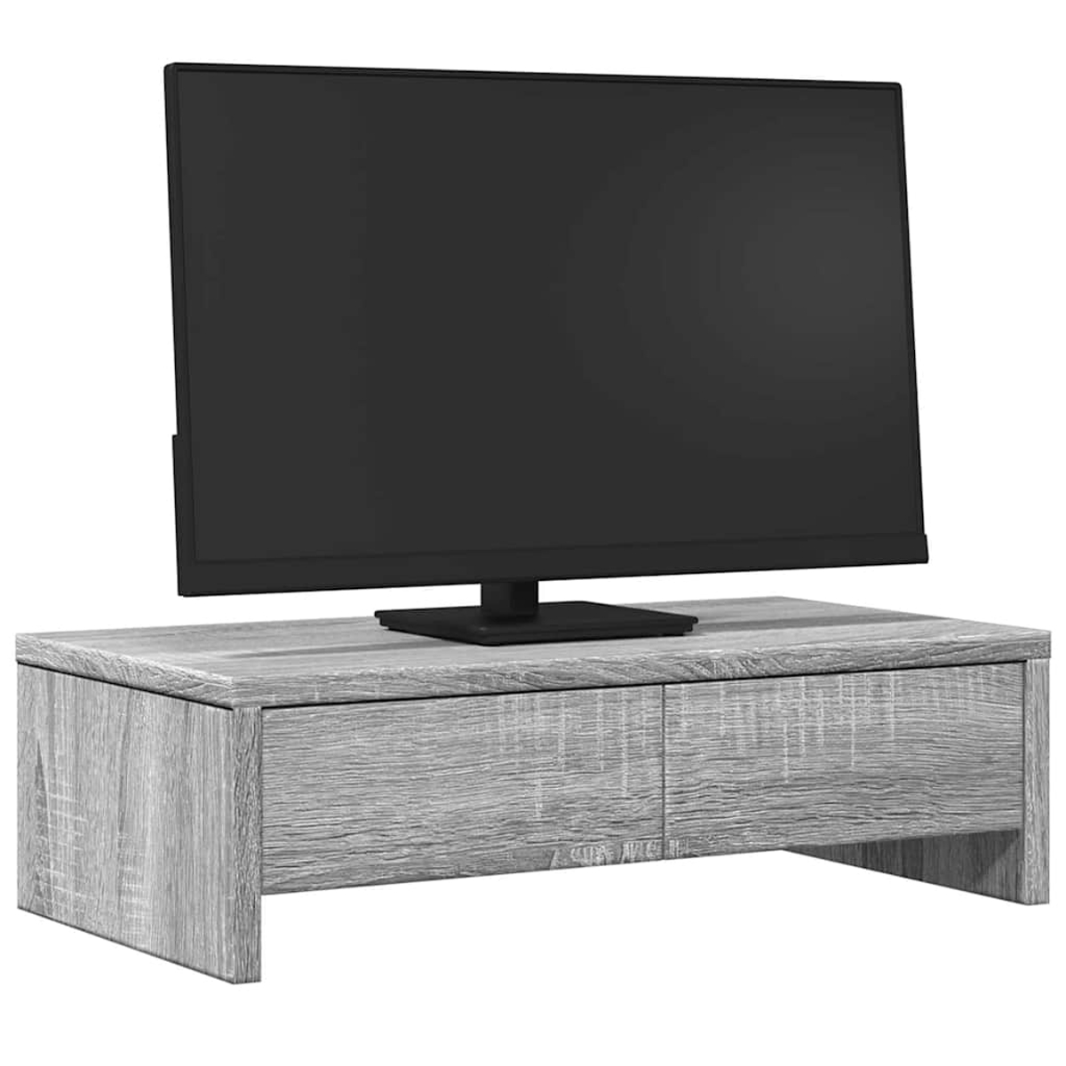 Ein Flachbildfernseher steht auf einem grauen TV-Ständer aus Holz. Der Fernseher ist schwarz und der Ständer hat zwei Schubladen.