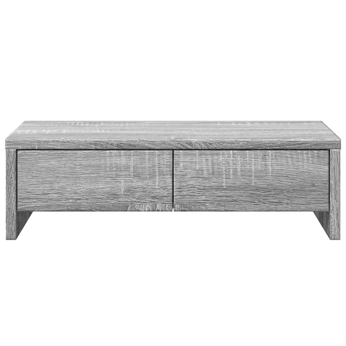 Ein grauer Couchtisch aus Holz mit zwei Schubladen. Der Tisch hat eine rechteckige Form, der Hintergrund ist weiß.