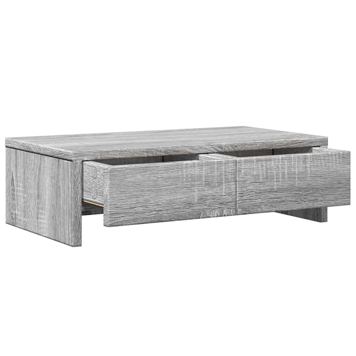Ein grauer Holztisch mit einer geöffneten Schublade. Der Tisch ist rechteckig und hat eine sichtbare Holzmaserung. Der Hintergrund ist weiß.