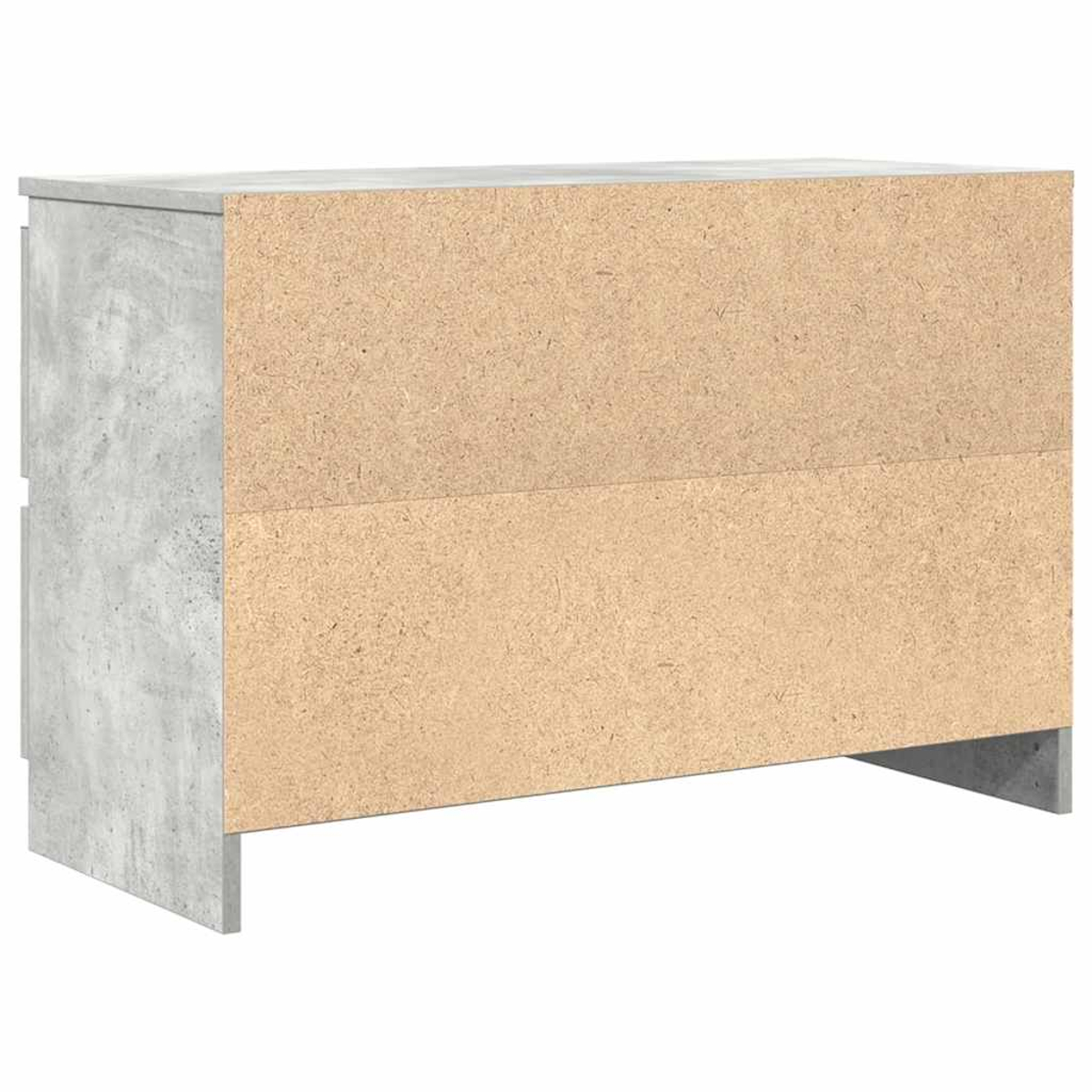 Ein Schrank, mit einer grauen, betonartigen Seite und Oberseite. Die Vorderseite ist hellbraunes Holz. Der Boden hat kurze Beine.