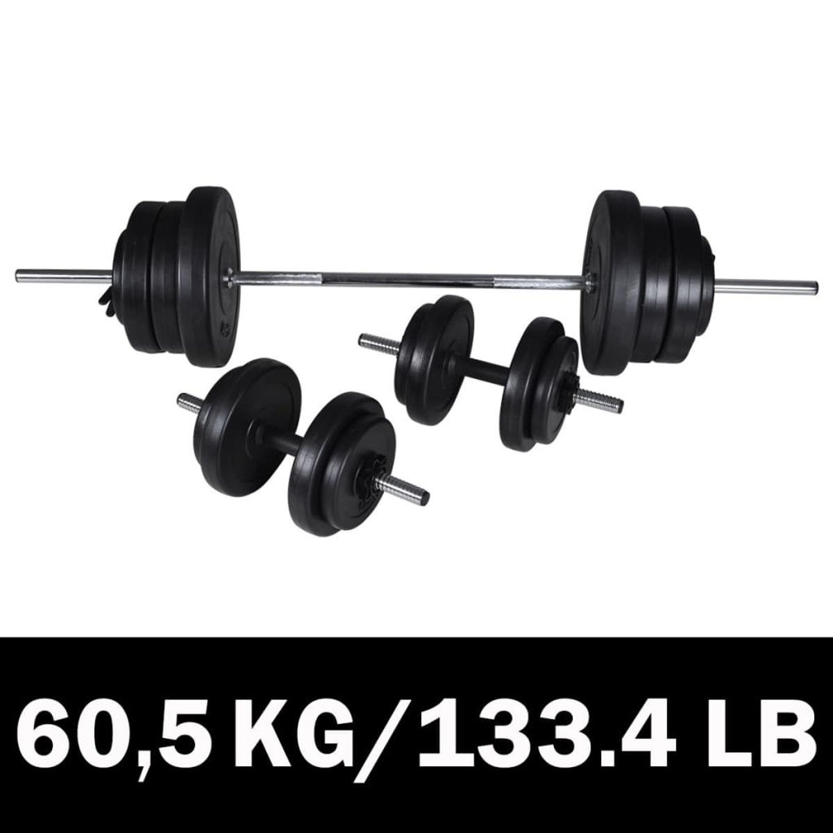 Schwarzes Hantelset: Langhantel und Kurzhanteln. Text unten: 60,5 KG/133,4 LB. Weißer Hintergrund.