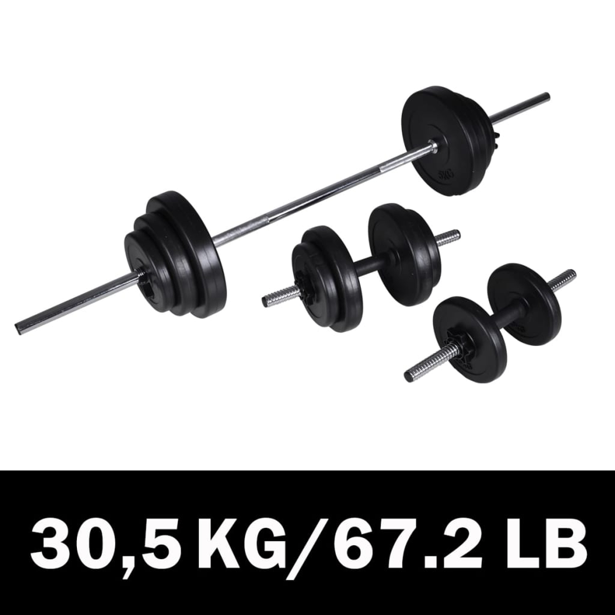 Gewichtssatz mit Langhantel und Kurzhanteln, schwarze Scheiben, silberne Stangen. Text darunter: 30,5 KG/67,2 LB.