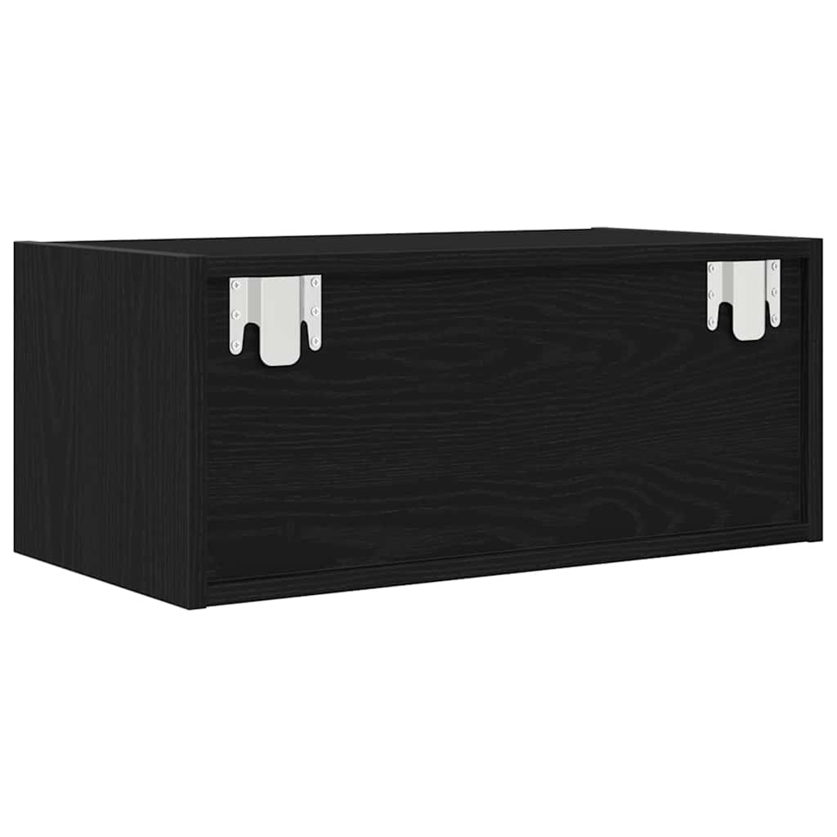 Ein schwarzer Holzschrank mit zwei weißen Metallhaltern. Der Schrank ist rechteckig und hat eine Holzmaserung.
