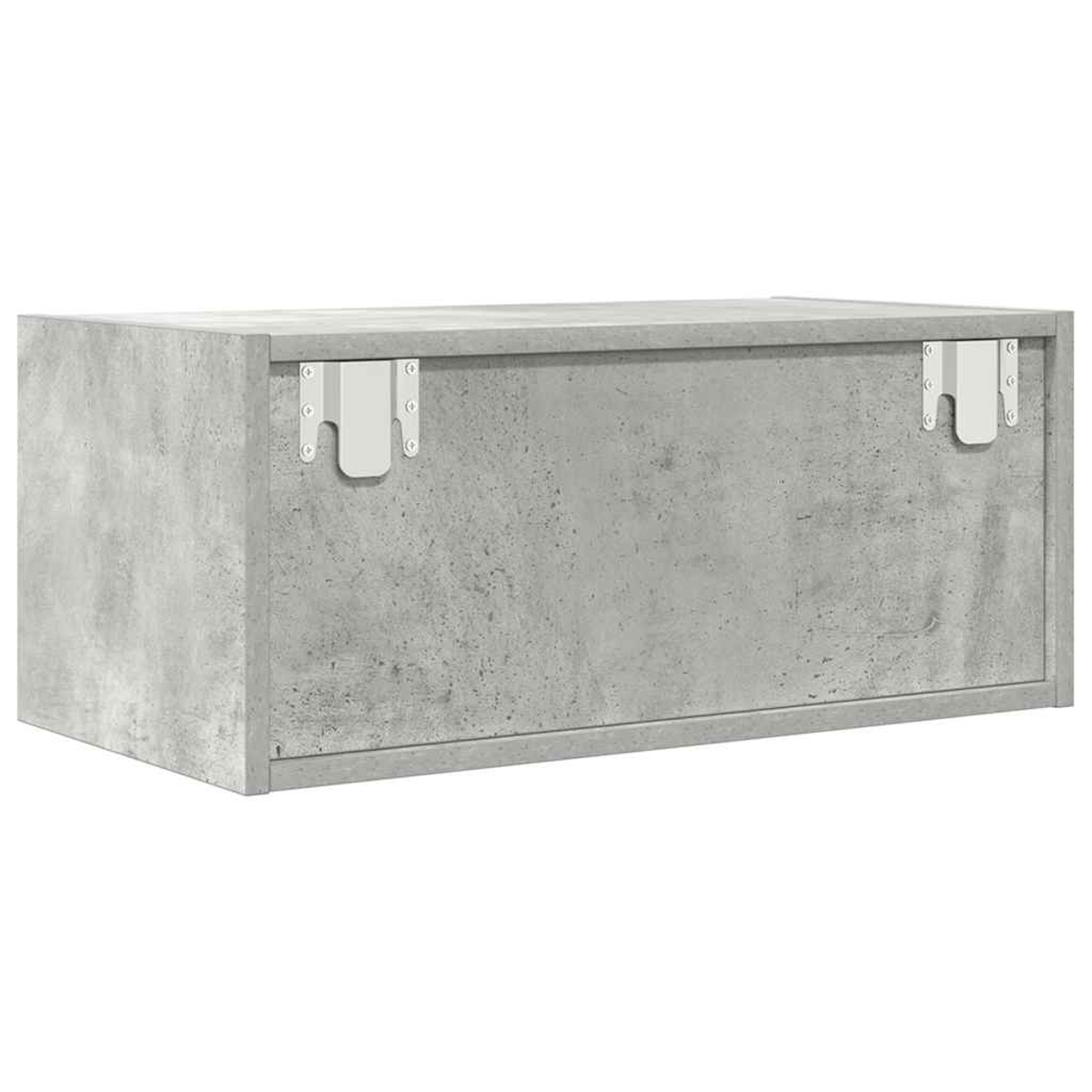 Eine graue Box in Betonoptik mit weißen Metallhalterungen. Die Box ist rechteckig, mit sichtbarer Struktur. Der Hintergrund ist weiß.