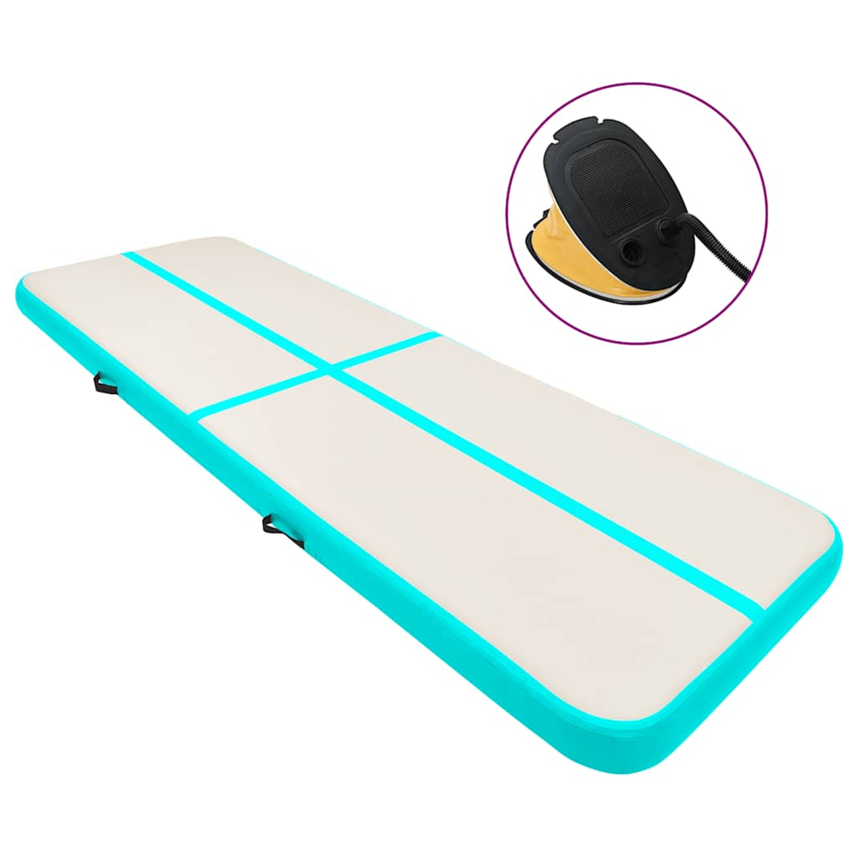 Eine aufblasbare Gymnastikmatte mit Handpumpe. Die Matte ist cremefarben mit türkisfarbenen Kanten und Linien. Die Pumpe ist schwarz und gelb.