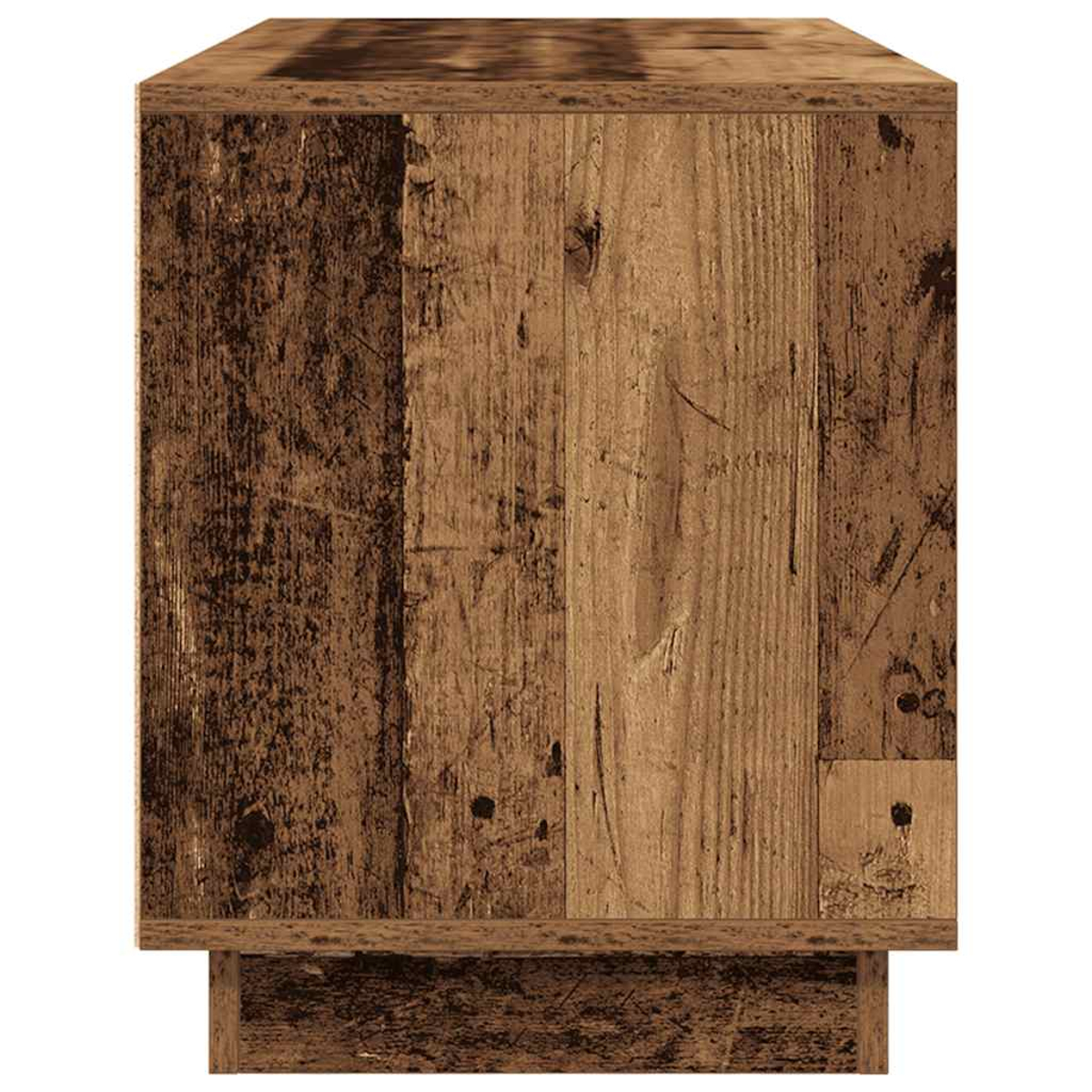 Ein Holzschrank mit rechteckiger Form. Er hat vertikale Holzpaneele in verschiedenen Brauntönen und einen Sockel.