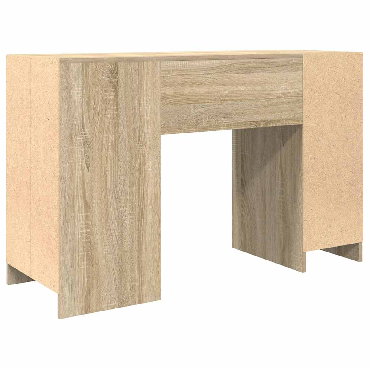 Ein hellbrauner Holzschreibtisch mit Schublade und offenem Beinraum. Der Schreibtisch ist unfertig und hat eine Holzmaserung.