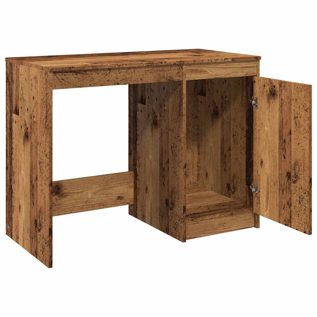 Ein hölzerner Schreibtisch mit offenem Schrank. Der Schreibtisch ist braun mit sichtbarer Holzmaserung. Die Schranktür ist offen.