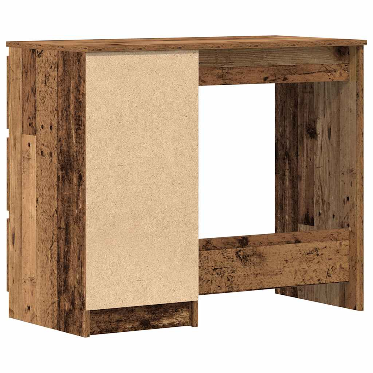 Ein Holzschreibtisch mit einem hellbraunen Schrank links und Freiraum rechts. Das Holz hat einen rustikalen, verwitterten Look.