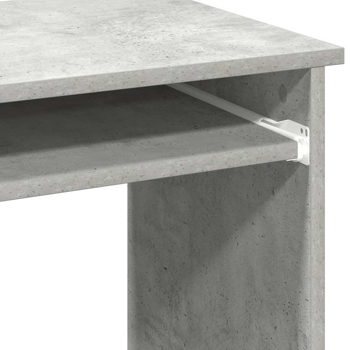 Ein grauer Betontisch mit einem Regal und weißer Stütze. Tisch und Regal sind hellgrauer als die Stütze.