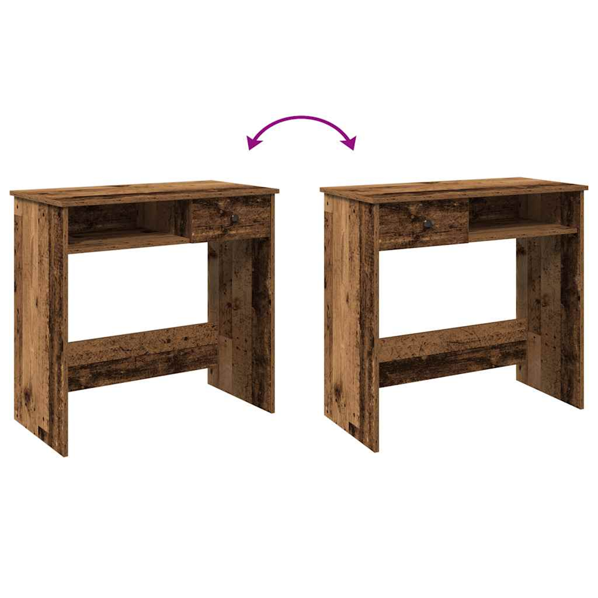 Zwei Holztische mit Schubladen und Regalen. Ein Pfeil deutet auf eine Drehung zwischen ihnen hin.