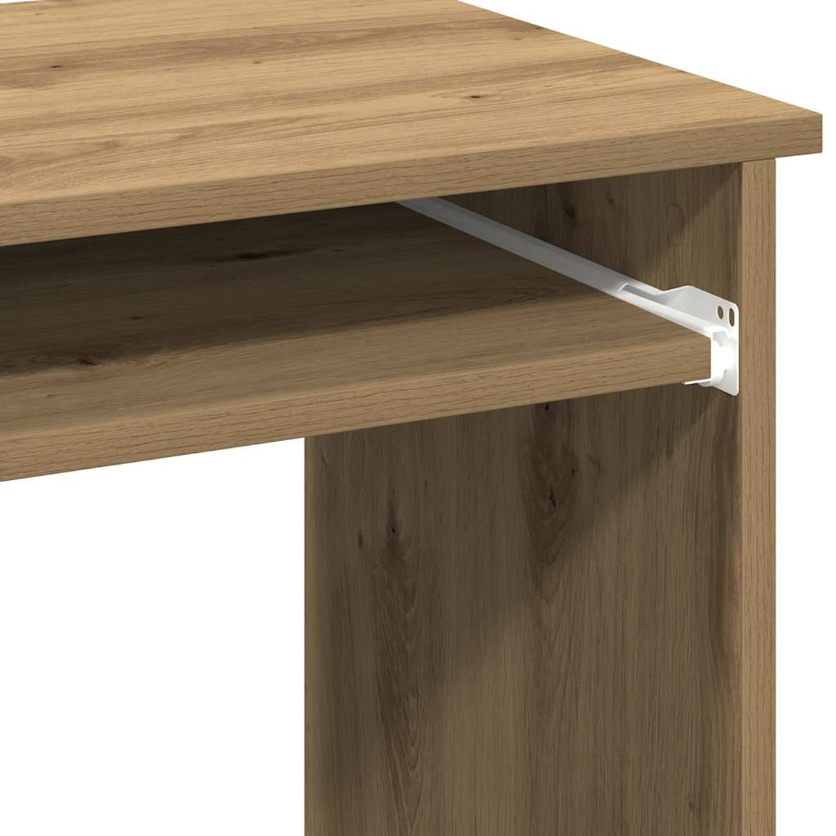 Nahaufnahme eines Holzschreibtisches. Der Schreibtisch hat eine hellbraune Platte und ein Regal. Eine weiße Metallstütze ist sichtbar.