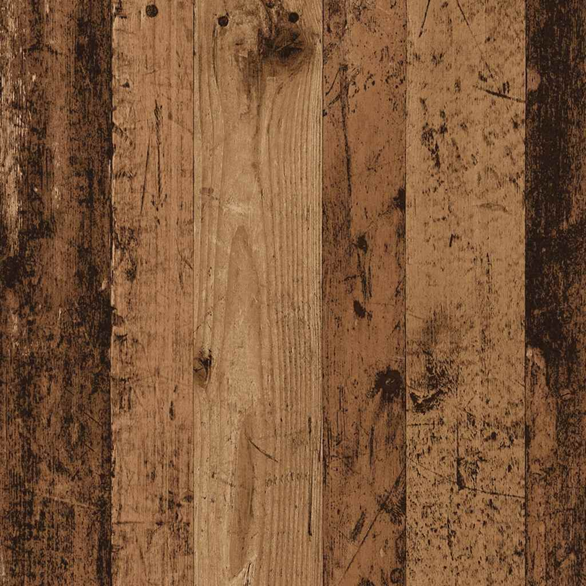 Nahaufnahme von verwitterten Holzplanken. Vertikale Maserung, verschiedene Braun- und Dunkelbrauntöne. Kratzer und Knoten sichtbar.