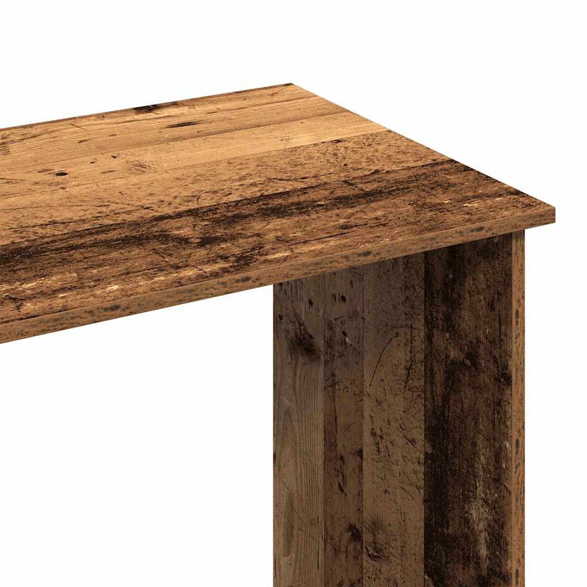 Nahaufnahme einer Holztischecke. Der Tisch hat eine braune, strukturierte Oberfläche. Das Bein besteht aus vertikalen Holzbrettern.