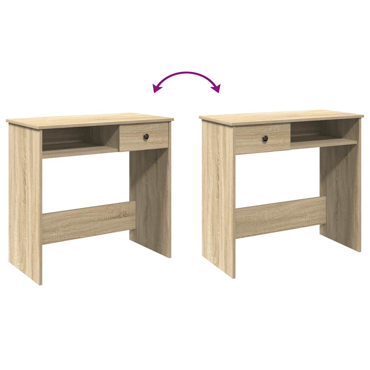 Zwei Holztische mit Schubladen und Regalen sind abgebildet. Ein violetter Pfeil deutet auf eine mögliche Interaktion hin.