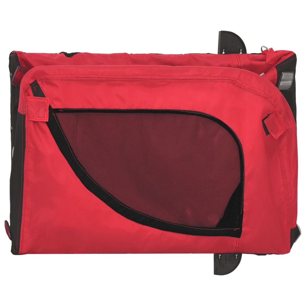 Roter und schwarzer Haustierträger. Mesh-Fenster an der Vordertür. Der Träger ist gefaltet und hat schwarze Kunststoffstützen und einen Reißverschluss.