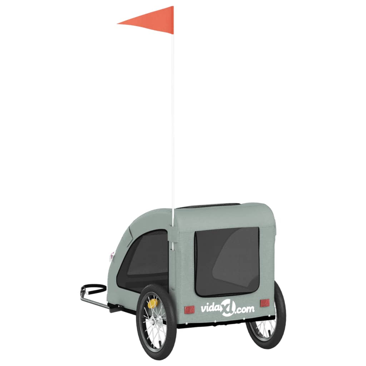 Ein Kinderfahrradanhänger mit roter Flagge und zwei Rädern. Er hat eine grüne Abdeckung, ein Fenster und das vidaXL-Logo.