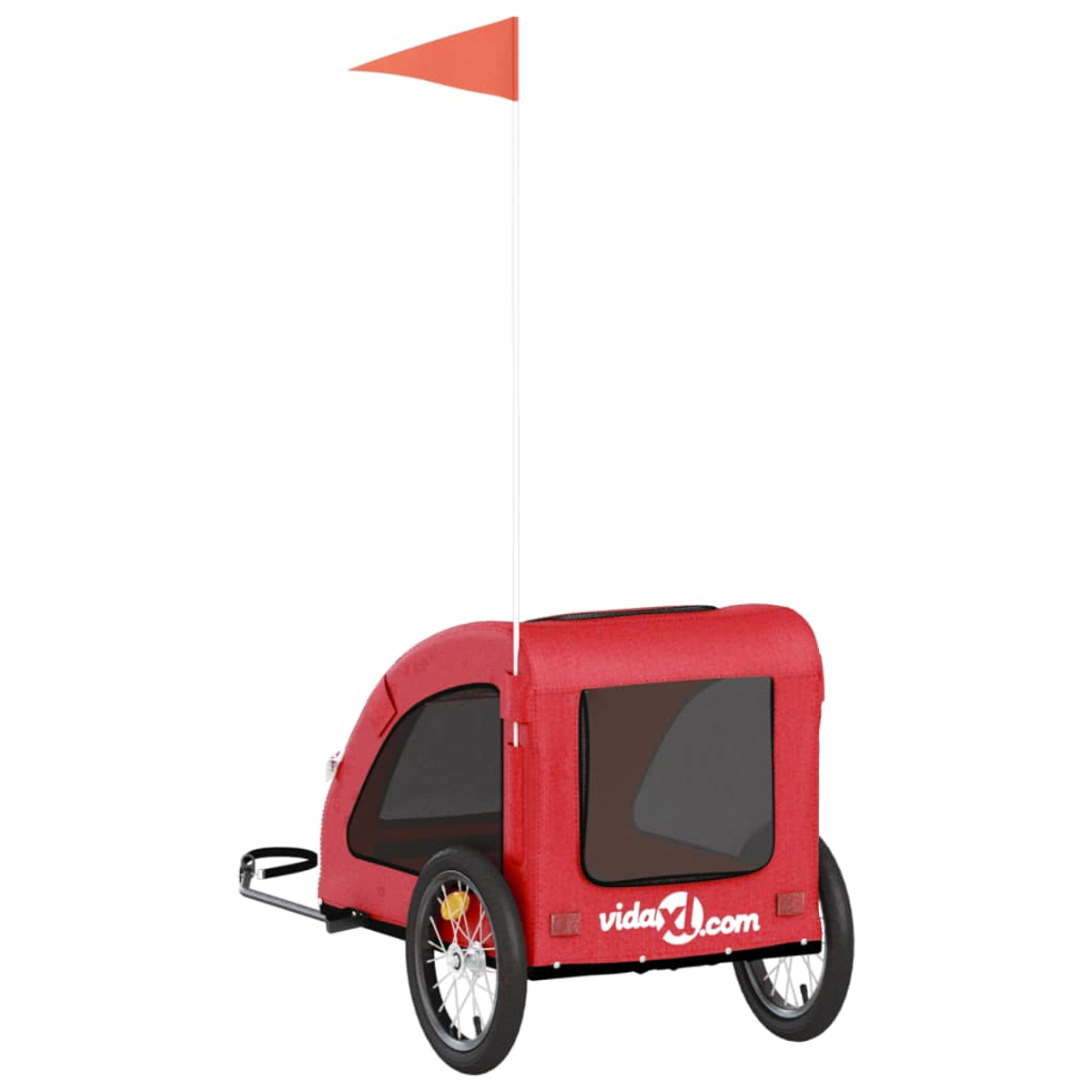 Ein roter Kinderfahrradanhänger mit Flagge. Er hat zwei Räder, ein Fenster und ein vida4u.com-Logo.