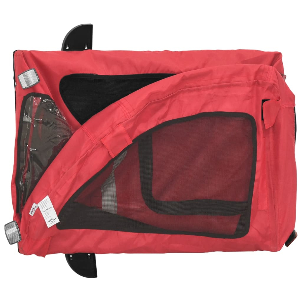 Roter Tier-Transportbehälter mit Mesh-Fenstern, einem durchsichtigen Kunststofffenster und schwarzen Halterungen. Reflektierende Elemente sind sichtbar.