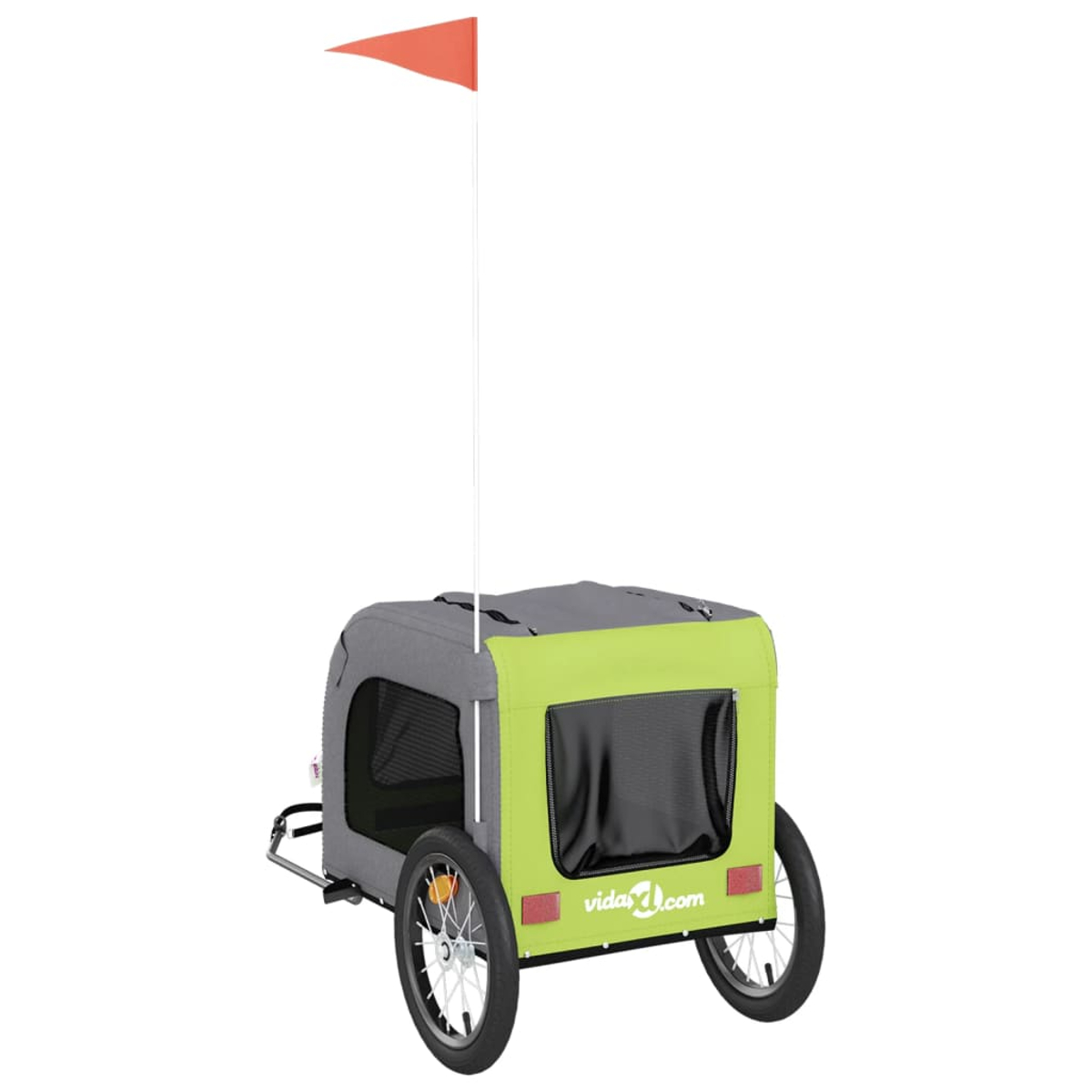 Ein Hundeanhänger mit einer grün-grauen Kabine, schwarzen Mesh-Fenstern, zwei Rädern und einer orangefarbenen Flagge.