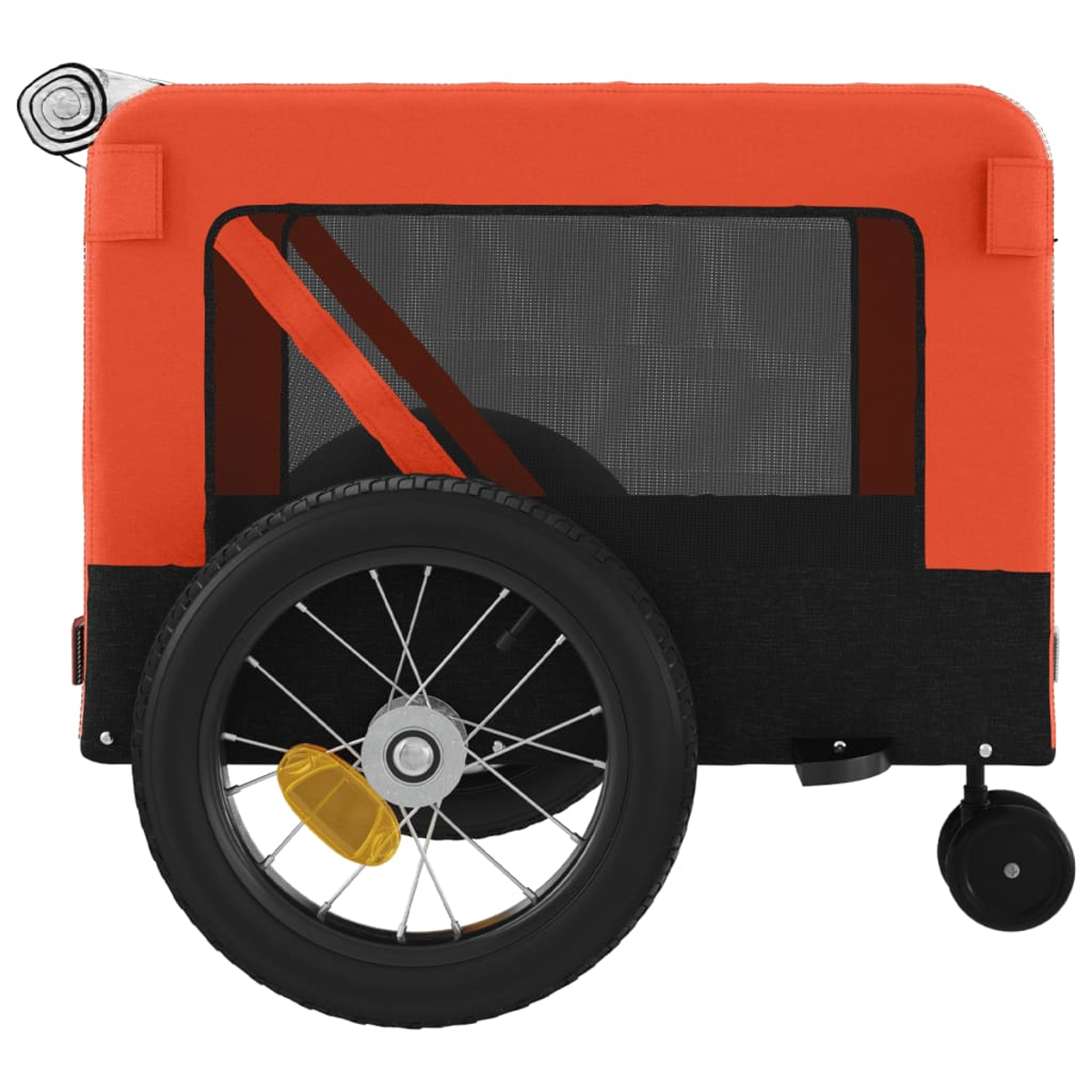 Ein orangefarbener und schwarzer Fahrradanhänger mit einem großen schwarzen Rad, kleinen schwarzen Rädern und einem Netzfenster.
