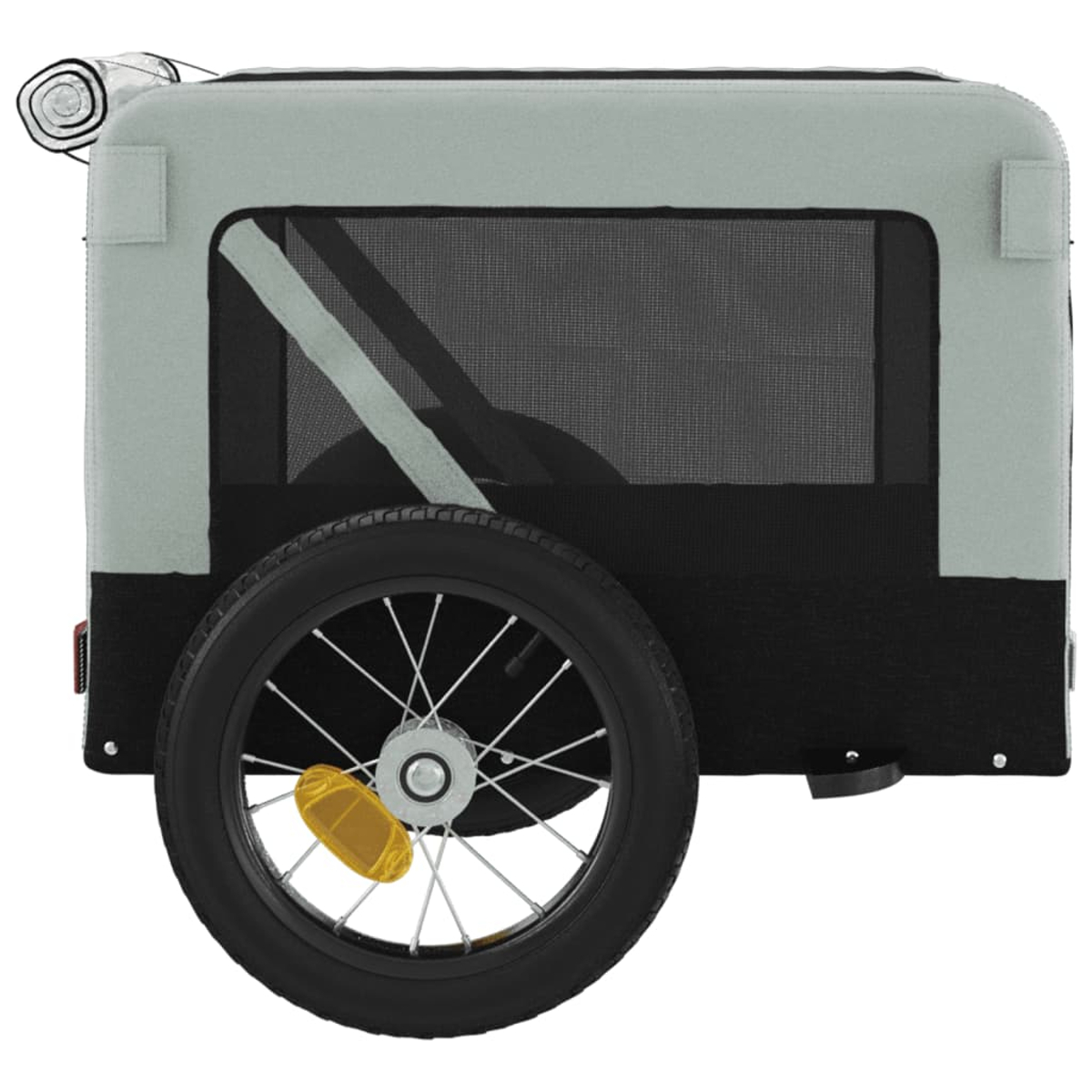 Ein Fahrradanhänger mit schwarzem Rad und grau-schwarzem Körper. Das Rad hat einen gelben Reflektor.