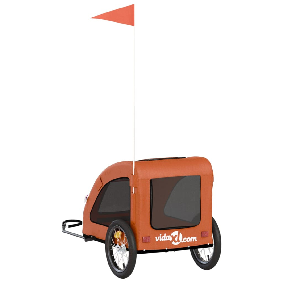 Ein orangefarbener Fahrradanhänger für Kinder mit Fahne. Der Anhänger hat zwei Räder, ein Fenster und ein vida4.com Logo.