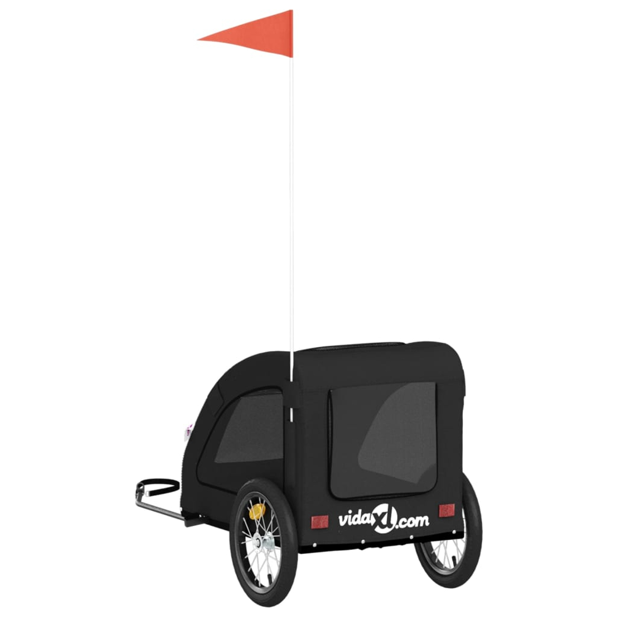 Ein schwarzer Fahrradanhänger mit roter Flagge. Er hat zwei Räder und ein transparentes Fenster. Die Website 'vida4.com' ist sichtbar.